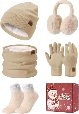 Gorro Bufanda y Guantes Set 5PCS Mujer Invierno Gorro Conjunto Sombreros Bufandas Cálida Caliente Pantalla táctil Guantes Orejeras de Felpa Calcetines Térmicos 5 Piezas Set (Caqui, One Size)