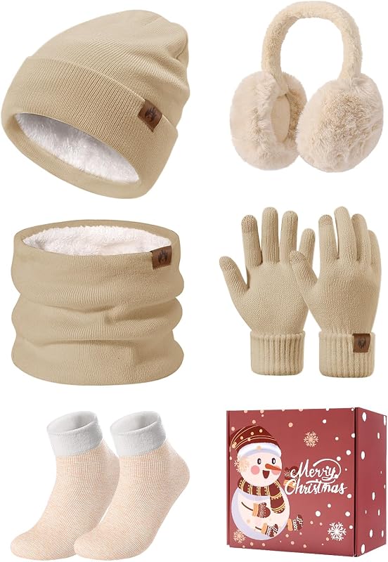 Gorro Bufanda y Guantes Set 5PCS Mujer Invierno Gorro Conjunto Sombreros Bufandas Cálida Caliente Pantalla táctil Guantes Orejeras de Felpa Calcetines Térmicos 5 Piezas Set (Caqui, One Size)