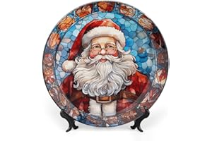 Gokays Kindly Santa Claus Decorative Plates Christmas Home Decor, Red & Blue Stained Glass Style Ceramic Plates Display for Living Room, Kitchen, Hallway Console Side Table, Xmas Present, 10 Inch