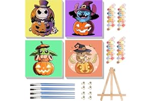 KOJEFCV 4 Pack Halloween Cartoon Paint by Numbers for Kids with Framed Canvas-with Wooden Easel, Pumpkin Paint by Number for Kids Ages 4-8-12, DIY Easy Acrylic Oil Painting Kits for Home Wall Decor (8X8inch)