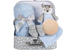 HOOLAROO Baby Boy Gift Set New Born Baby Gift Baby Blue Deer Fawn Security Blanket Soft Fleece, Suitcase Keepsake Box Blanket Booties & Baby Gift Basket – Unique Present for Baby Shower & Newborn Lovey Welcome