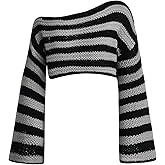 WDIRARA Women's Striped Off The Shoulder Sweaters Color Block Long Bell Sleeve Pullovers Knit Crop Tops