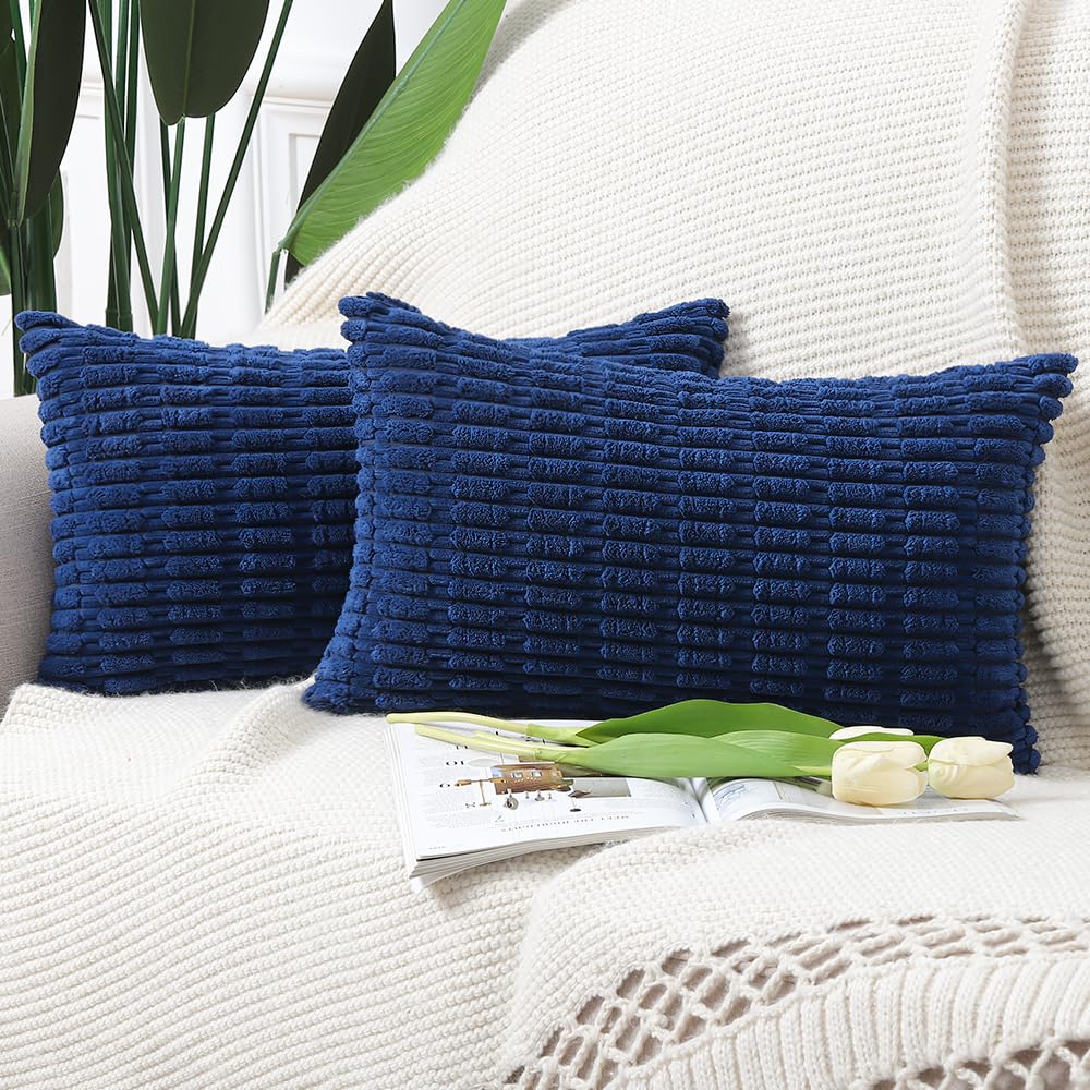 Madizz Pack of 2 Boho Striped Corduroy Throw Pillow Covers 12x20 inch, 30x50 cm, Dark Blue Soft Decorative Cushion Cover for Sofa Bedroom Pillow Shell โ image 1