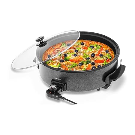 Bredeco BCPP 40-9 Elektropfanne Pizzapfanne Partypfanne mit Deckel (1400 W, 230 V, 5 Stufen 100–250 °C, Höhe 9 cm, Teflon, Ø 