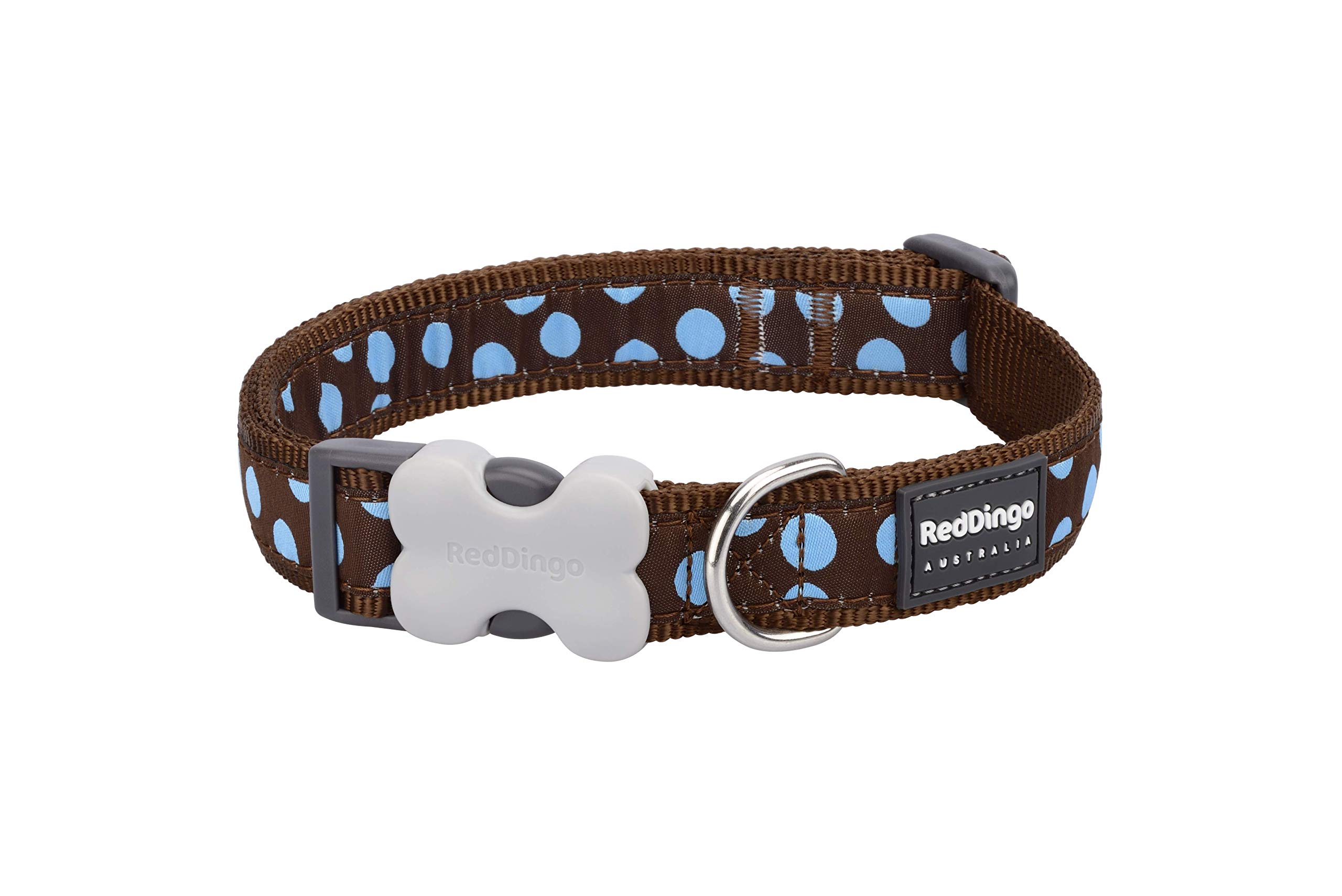 Red Dingo Dog Collar Design, Blue Spots on Brown, Size Medium (20mm x 31-47cm)