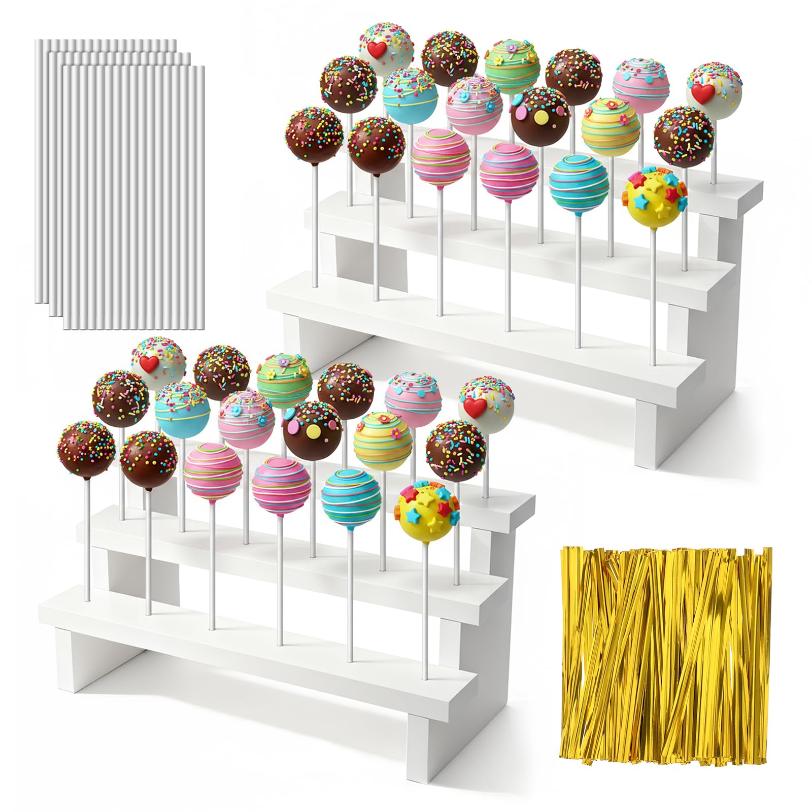 Photo 1 of Xosjska 2Pcs Wood Cake Pop Stand 3 Tier Wood Lollipop Holder 17 Hole Sucker Display Riser with Lollipop Sticks & Gold Twist Ties for Dessert Table of Wedding Baby Shower Birthday Party