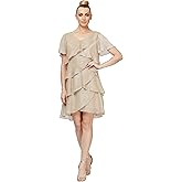 S.L. Fashions Womens Tiered Boudre Cocktail Dress with Embellished Neckline, Wedding Guest Gown (Petite and Regular Sizes)