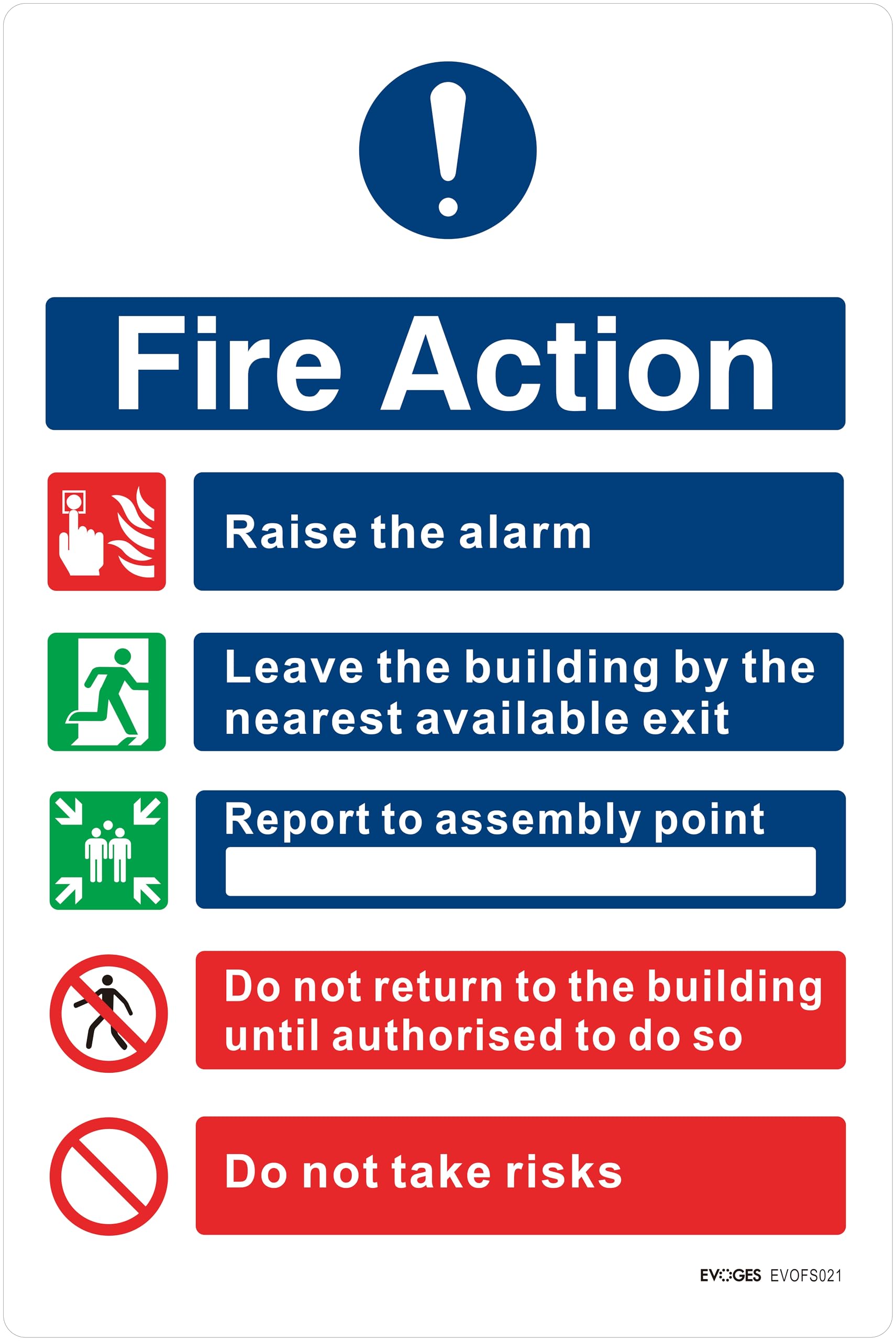 Evoges PVC Fire Action Notice Sign Round Edge 300mm x 200mm x 1mm, Pack of 5