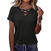 Rapbin Short Sleeve Shirts for Women Spring Tops for Women 2026 V Neck Criss Cross Tees Womens Summer Tops