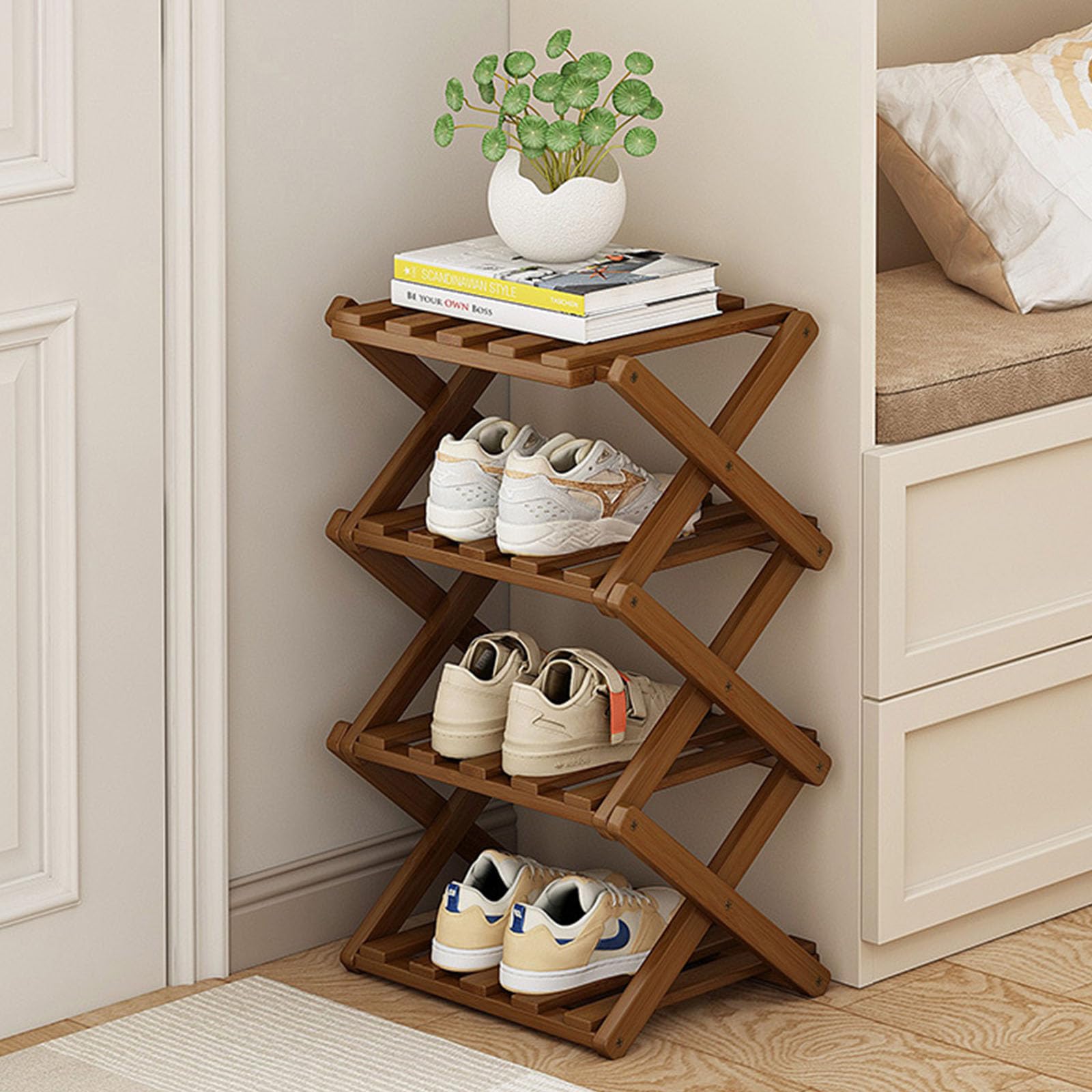 Photo 1 of YYW Shoe Rack, Foldable Bamboo Shoes Shelf, Freestanding Shoe Storage Organiser for Entryway, Hallway, Bedroom, Closet (Brown, 4 Layers)