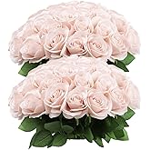 JUSMAI 50pcs Roses Artificial Flowers Pink Fake Roses Flowers with Long Stems Silk Flowers for Wedding Bouquet Centerpices Decorations Party Bridal Baby Shower Home Decor