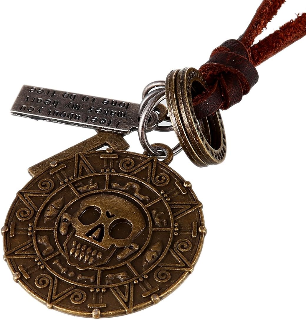 DonDon® Men's brown leather necklace with brass skull pendant and velvet pouch, Pirate Coin, Medium - Image 3