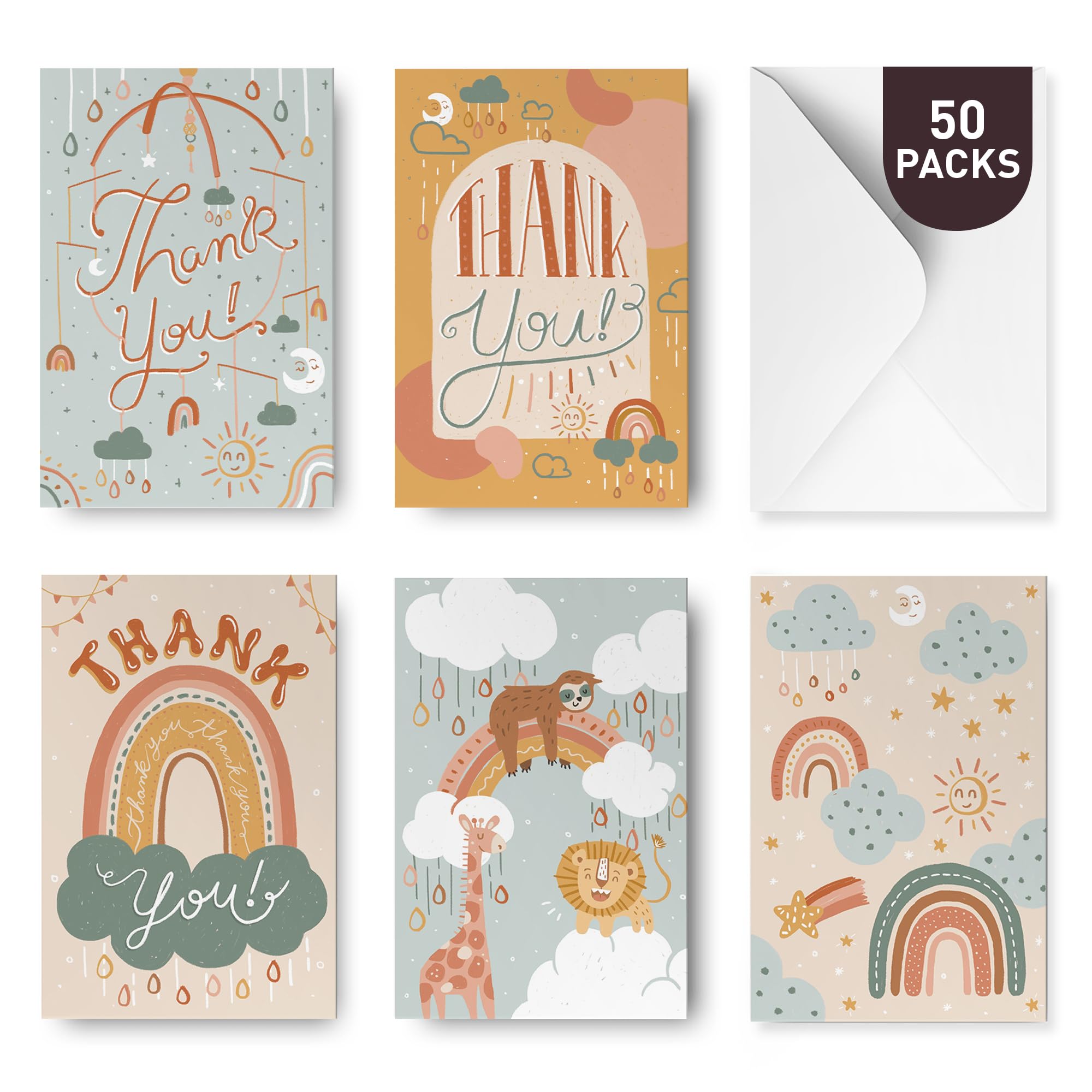 Rileys Baby Shower Thank You Cards with Envelopes, 50 Pack, Baby Thank You Cards for Gifts, Hand-Illustrated 5 Designs Boy, Girl and Neutral, Bulk Variety Pack (Nature)