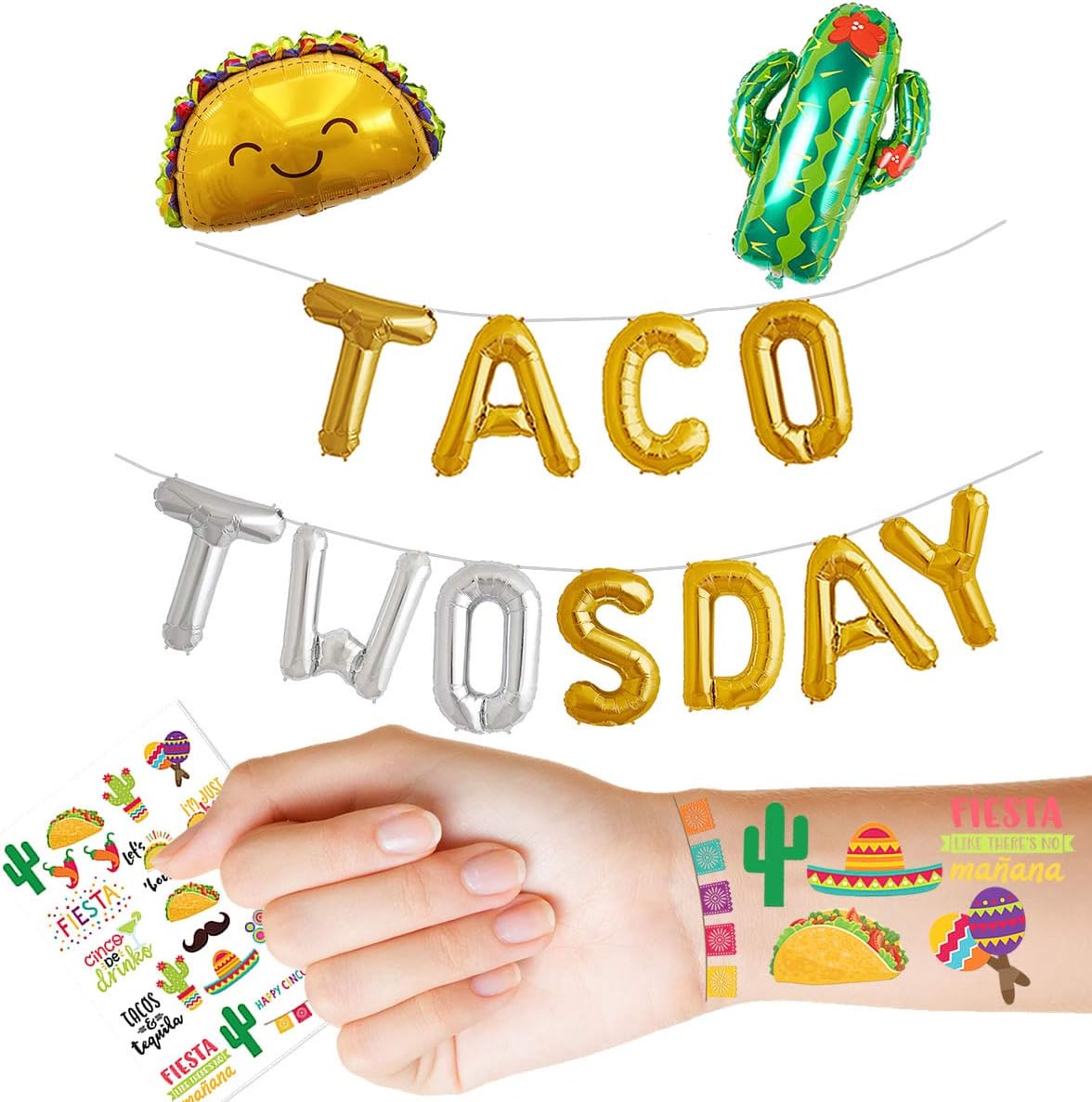 Taco Twosday Birthday Party Decorations Gold & Pink Foil Balloons Fiesta 2nd Birthday Balloon Decoration Banner Mexican Taco Party Decor Supplies for Boy and Girl
