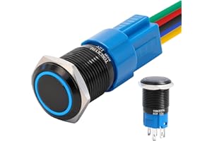 TOKCKYBL 16mm Latching Push Button Switch 12V DC, IP65 Waterproof ON/Off Black Shell with LED Angel Eye Head, 0.63" Mounting Hole, Self-Locking with Wire Socket Plug for Car, Marine, Industrial