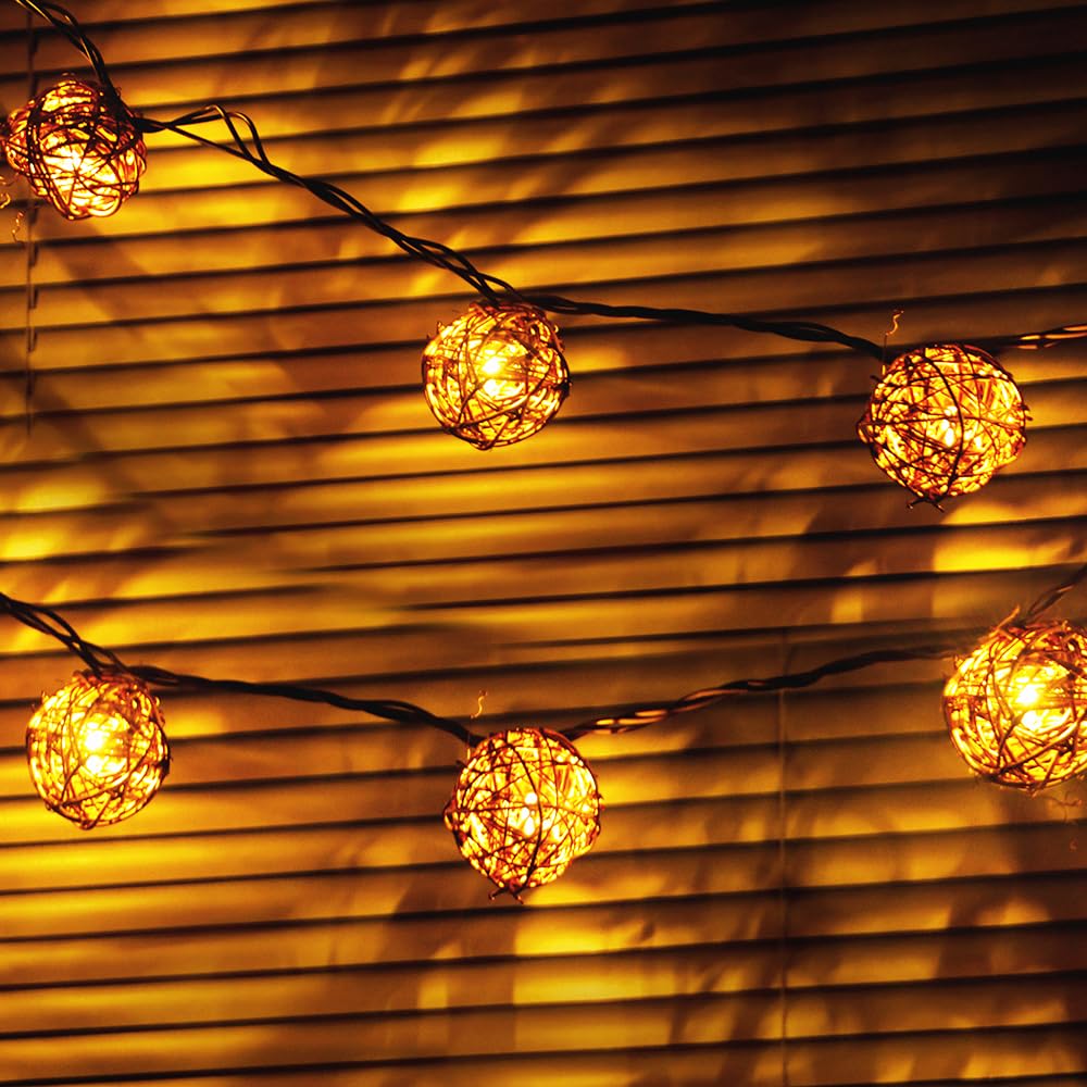 Photo 1 of ACRAFT Rattan Ball String Lights Plug in Fairy Lights for Indoor Outdoor Patio Garden Balcony with End-to-end Connector Decorative Lighting-Brown Cord 10 Led 8.5ft