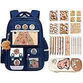 SJIE Waterproof Capybara Backpack,Large-capacity includes 36-Piece Accessories (Pencil case, Notebook, Sticky notes, stickers, Gel pen and Others)