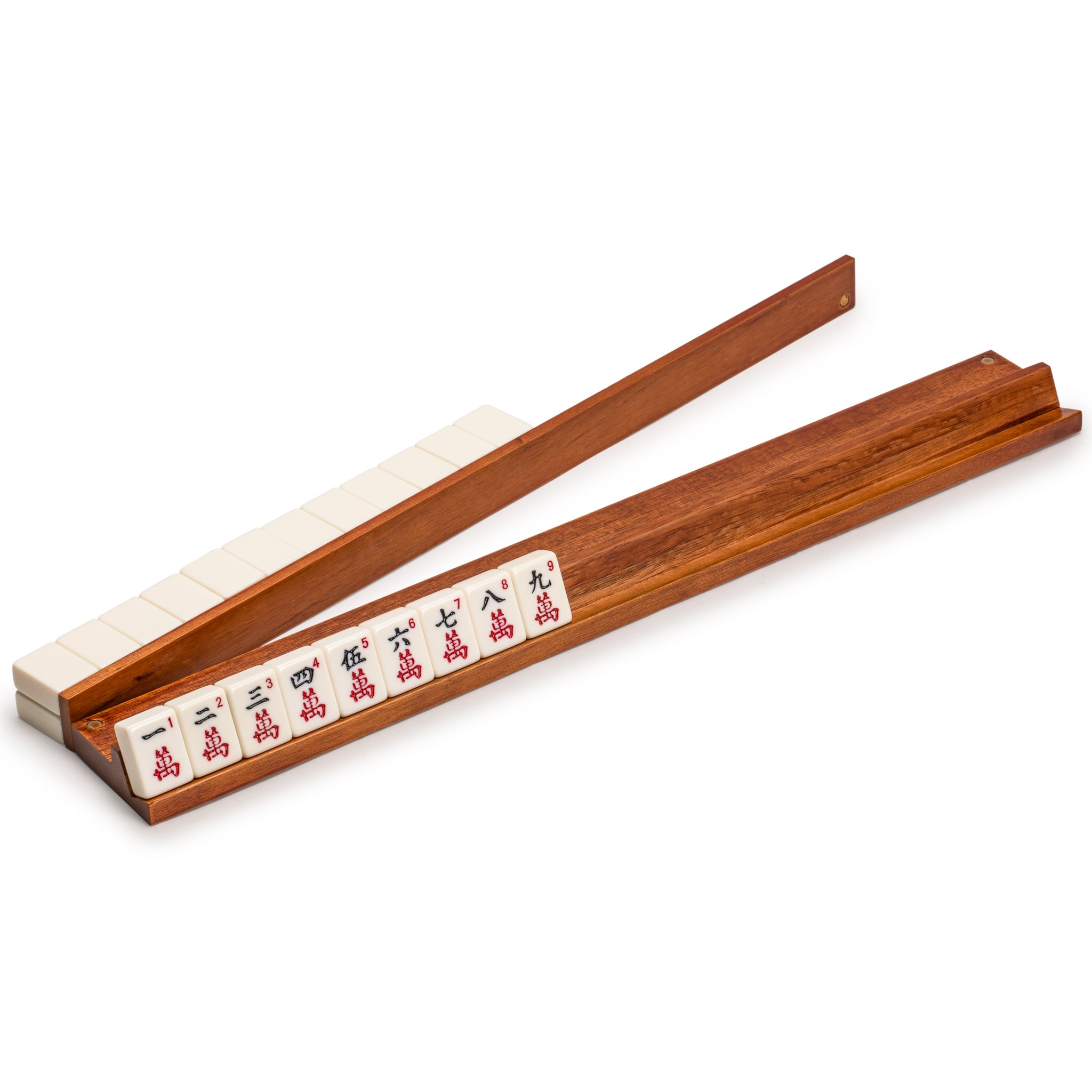Photo 1 of *Missing 1* Yellow Mountain Imports Classic Chestnut Color Wooden Mahjong Game Racks with Pushers, 18 Inches - Set of 4 (Includes Magnetically Attached Mahjong Pushers)