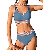 BAVADER Girls Swimsuit High Waisted Bathing Suit for Girls V-Neck Cutout Two Piece Swimwear Color Block Welt Bikini Set 9-16y