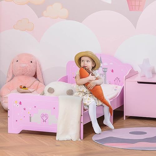 HOMCOM Kids Bed Princess Castle Theme w/Side Rails Slats Home Furniture for 3-6 Yrs Pink 143 x 73 x 60 cm