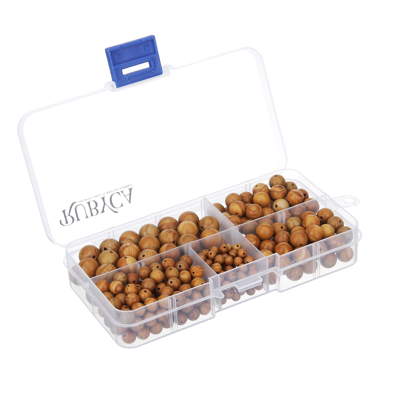 RUBYCA Natural Woodgrain Jasper Gemstone Round Loose Bead Organizer Box DIY Jewelry Making Mix Sizes