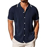 COOFANDY Men's Knit Button Down Shirt Vintage Short Sleeve Polo Shirts Casual Beach Tops