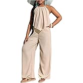 Floerns Girl's 2 Piece Summer Outfits Hanky Hem Halter Top & Wide Leg Long Pants Set