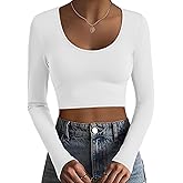 Ekouaer Long Sleeve Crop Tops for Women Scroop Neck Lightweight Basic Base Layer Thermal Undershirts Shirts