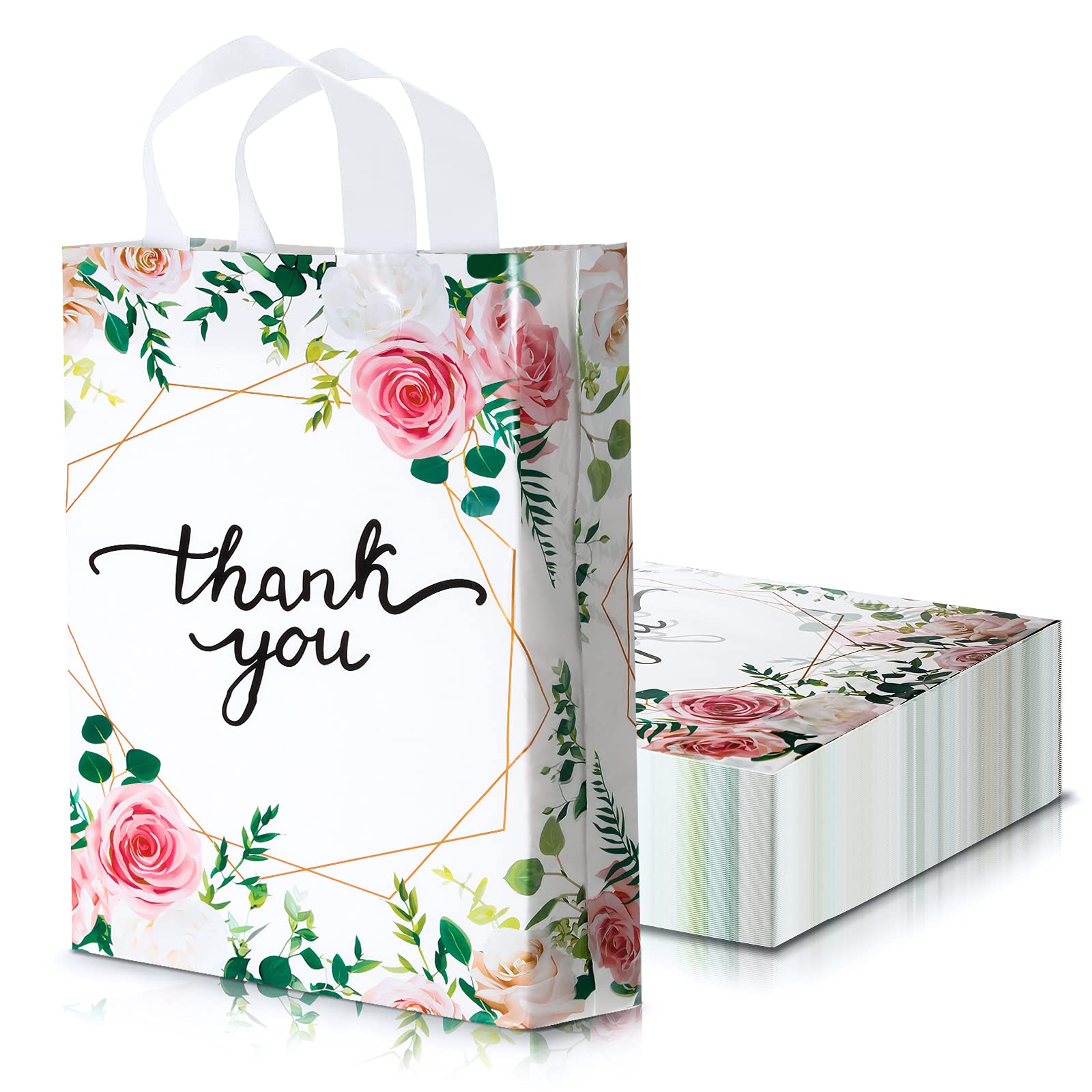 Photo 1 of Frienda 100 Pieces Bulk Floral Thank You Bags 11.8 x 15 Inch Merchandise Retail Plastic Shopping Bags with Handle for Shopping Present Wrapping, 2.76 Mil Thick