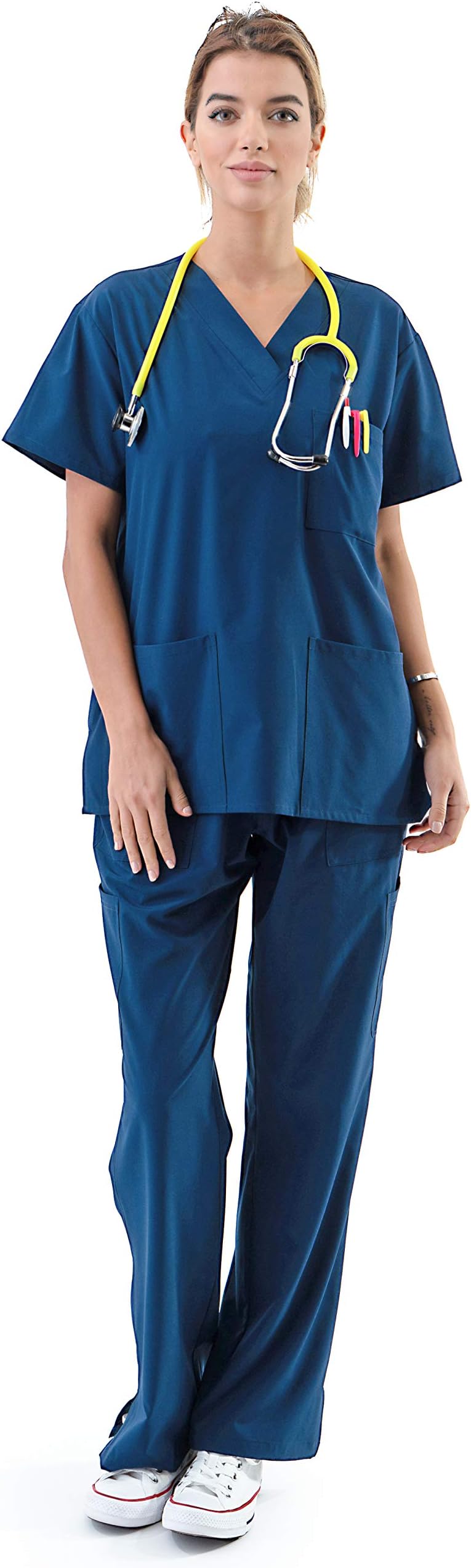 BASIC APPAREL USAWomen's Medical Uniform Scrubs Set – 4 Way Stretch 8 Pocket V-Neck Top with Drawstring Pants Nursing Dental
