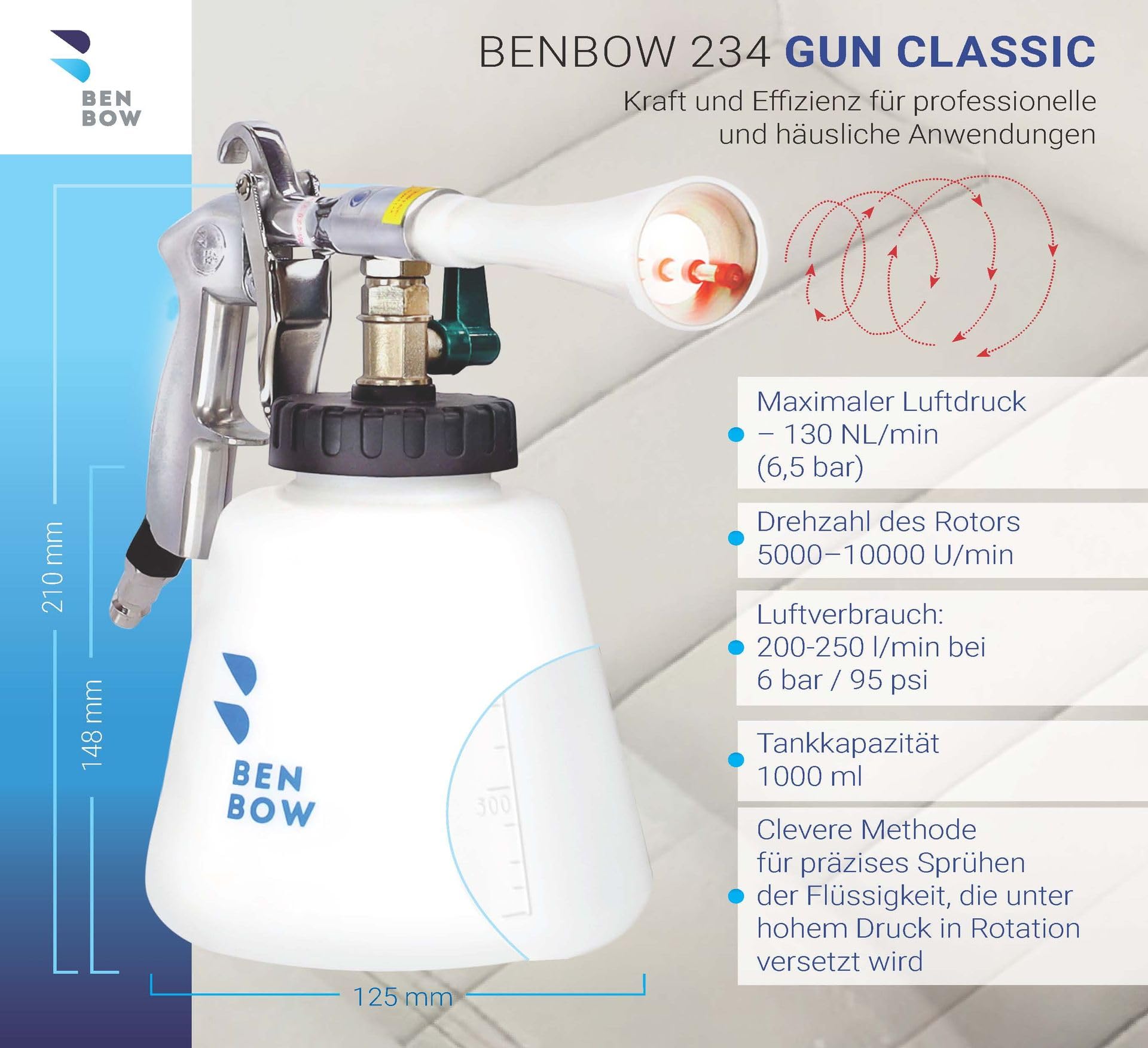 BenBow Druckluft Reinigungspistole Classic mit 5L CLEANTECH CO Innenreiniger – ideal für professionelles Detailing von Autos, LKWs, Bussen - berührungslose Reinigung - Wirbelwind-Effekt 3