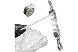 SALIFTFE Block and Tackle Pulley System, Upgraded 4-Wheel Rope Pulley Hoist, 8:1 Lifting Power, 2200LB Work Load with 65Ft of 1/4" Rope, Ultra-Compact Rope Hoist for Garage, Hunting, and Heavy Lifting