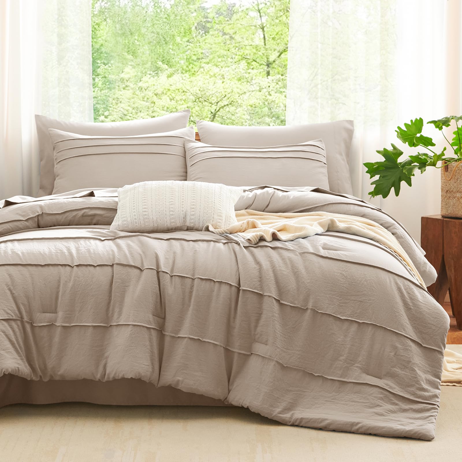 Photo 1 of CozyLux King Size Comforter Set Wheat, 7 Pieces Soft Pinch Pleat Bed in a Bag King Comforter Set with Sheets, Boho Bed Set with Down Alternative Comforter, Sheets, Pillowcases & Shams