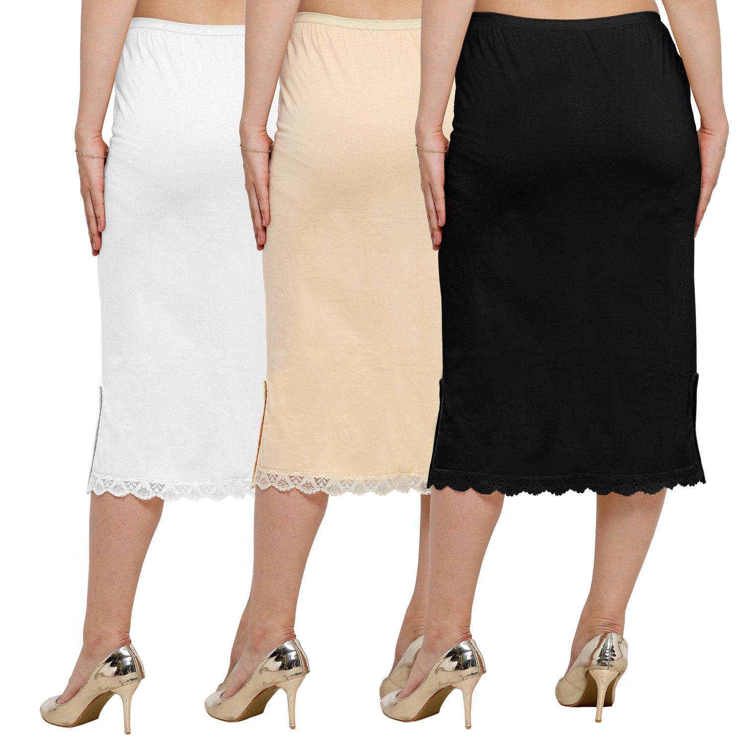 ziya women's cotton skirt slip with side-slit (beige, medium) -combo pack of 3