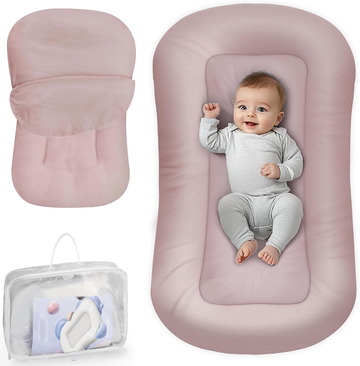 Infant Support Cushion - Baby Support Cushion for Newborn, 0-24 Months, Portable Tummy Time Mat for Home and Travel, Soft Cotton, Supervised Use, Baby Essentials Gift, Pink (Cover Included)