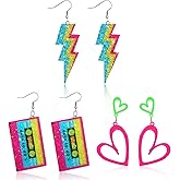 JATEBI 3 Pairs Carnival Earrings, Lightning Bolt Dangle Earring Neon Heart Earrings for Women Retro 80s Glow Party Accessories Neon Jewelry Outfits Costume Accessories