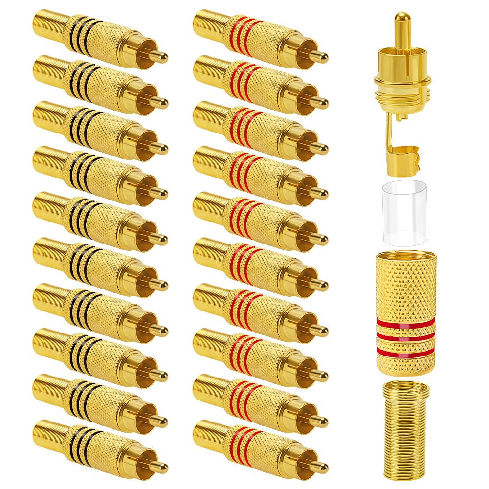 KUOQIY 20 PCS Gold Plated Plug Audio Video Connector, RCA Male Plug Solder Type, for Multimedia and CCTV (10 Black + 10 Red) — image 1