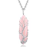 XIANNVXI Rose Quartz Point Necklace Tree of Life Wire Wrapped Crystal Pendant Necklaces Healing Stone Natural Reiki Hexagonal Gemstone Jewelry for Women Mom Mother