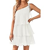 ZESICA Women's Boho Summer One Shoulder Sleeveless Ruffle Tiered Layered Chiffon Pleated A Line Flowy Mini Dress