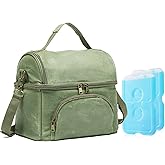 neatlife Mens Lunch Box with 2 XL icepacks,Sturdy Waxed Canvas Insulated Lunch Bag for Adult, 2 Compartment Soft Cooler Bag For Work, Picnic, Travel, Outdoors (10.5L) 10"x7"x9.5" (London Green)