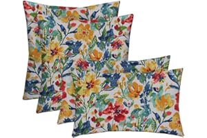 RSH DECOR: Lumbar & Square Throw Pillows Set of 4 | 20" x 12" & 17" x 17" | All-Weather Spun Fabric | Water and Fade-Resistant | Outdoor Accent Pillows for Patio Furniture | Oakmont Hightown Festival