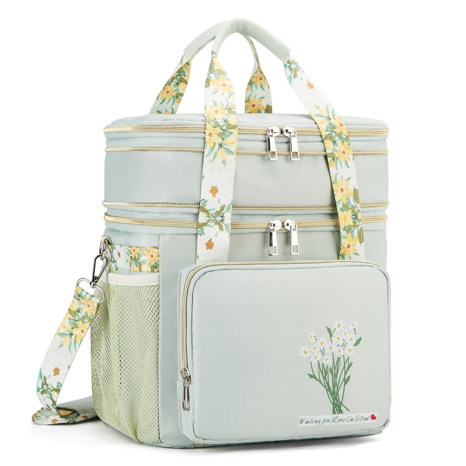 HSHRISH Large Insulated Lunch Bag for Woman, Double Layer Insulated Large Cooler Bag for Women Adults Waterproof Leakproof Durable Lunch Bag for Work Outdoor Picnic 16L, Green-Flowers