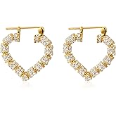 Heart Hoop Earrings Hypoallergenic 14K Gold Plated Bamboo Cubic Zirconia Huggie Hoop Earrings for Women