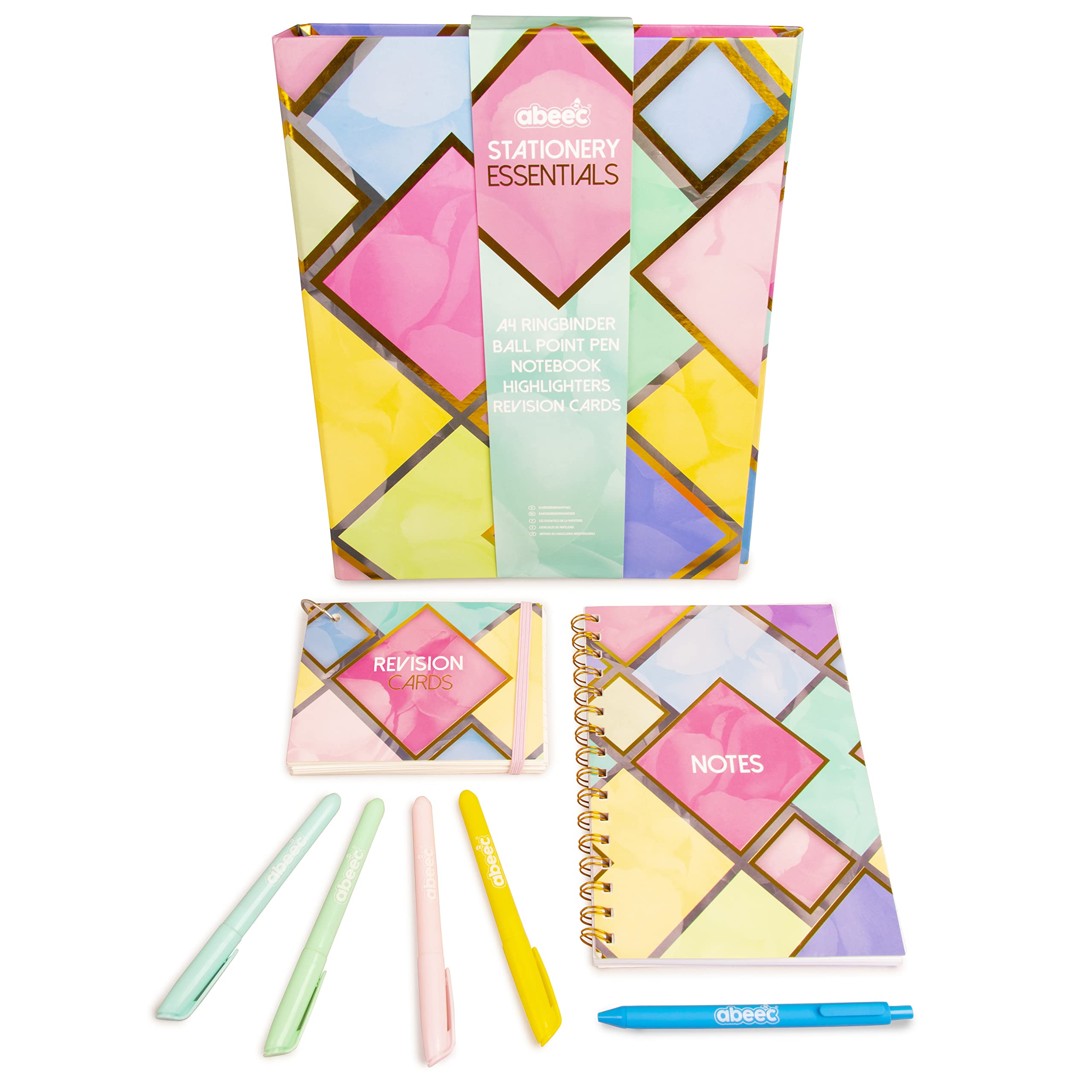 abeec Stationery School Supplies – Back To School Stationery Set - Pastel Stationery - Stationery Set For Girls - Contains A5 Notebook, Revision Cards, Pastel Highlighters And A4 Ring Binder