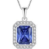 Wisbal Women's Emerald Cut Necklace 925 Sterling Silver Halo Created Birthstone Princess Cut Pendant Jewelry for Her