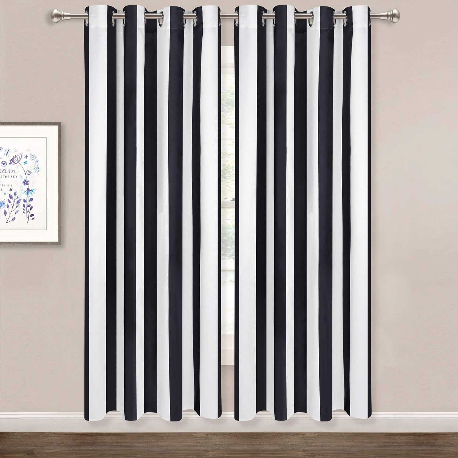 ASPMIZ Striped Window Curtains, Black and White Vertical Stripe Curtain Panel, Window Drapes with Grommets for Bedroom Living Room Decor, Set of 2 Panels, 52 x 63 Inch Length