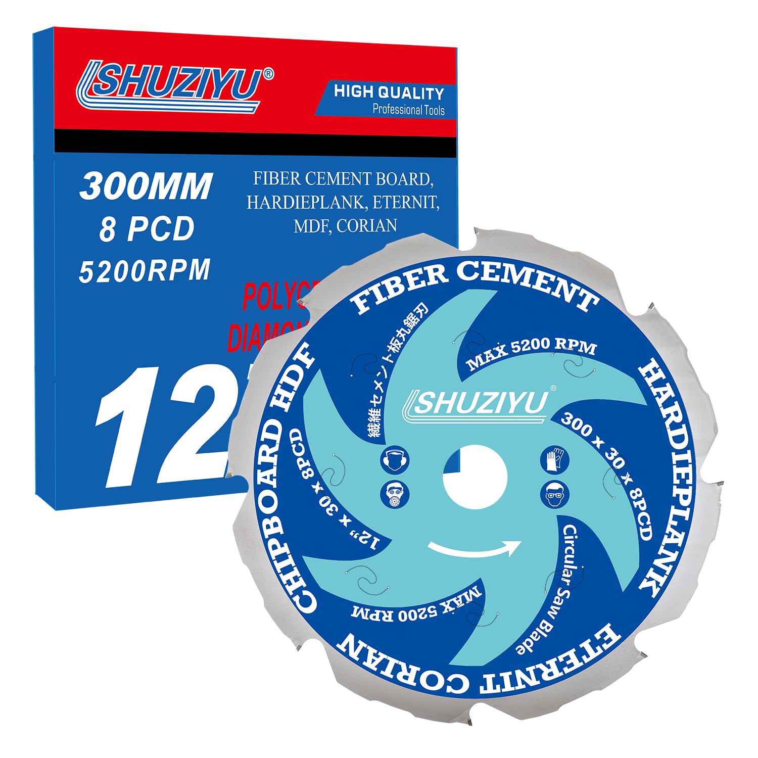 LSHUZIYU 300mm-8PCD, Centre hole 30mm, Polycrystalline Diamond Tipped 8 PCD, Hardie blade, Fiber Cement Board Circular Saw Blade