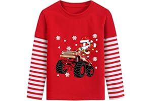 CM-KID Christmas Shirt for Toddler Boys Dino Xmas Tree Santa Reindeer Bus Monster Truck Red White Stripe Sleeve Long Tshirt Tops