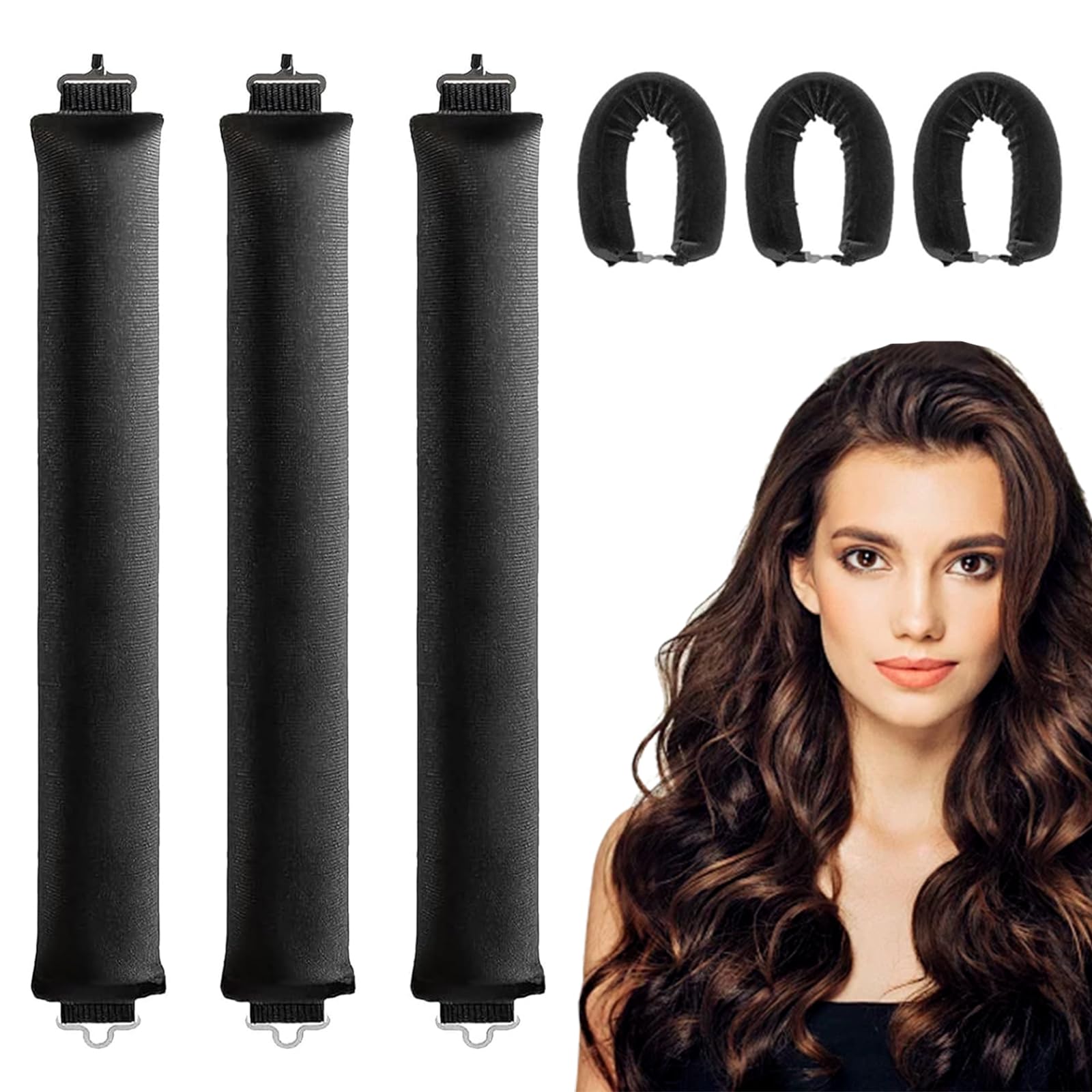Heatless Overnight Blowout Rods 3 Pack - Jumbo Flexi Rods for Long Hair, No Heat Curls to Sleep - Black