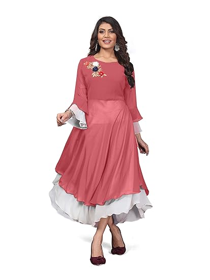 Women's Faux Georgette Layered & Tiered Anarkali Kurti/Kurta for Woman